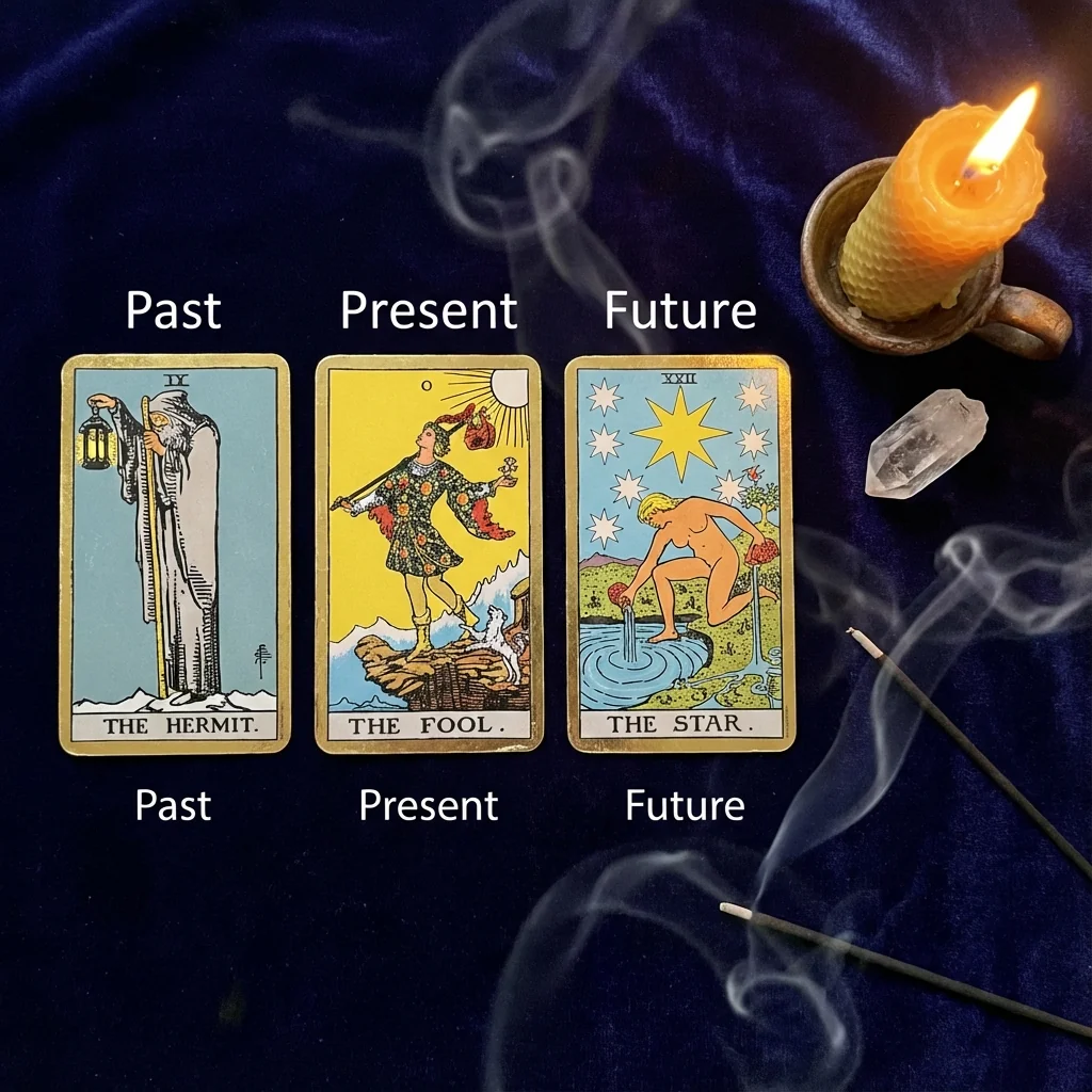 3-card tarot spread showing Past, Present, Future positions