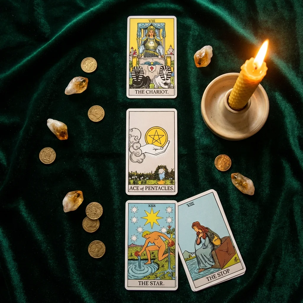 5-card career tarot spread in ladder formation with gold coins and candle