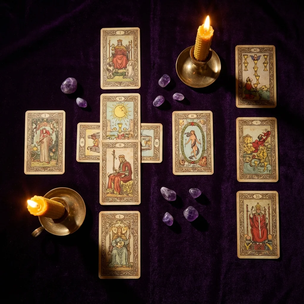 Celtic Cross tarot spread layout showing 10 cards arranged on dark velvet with candles