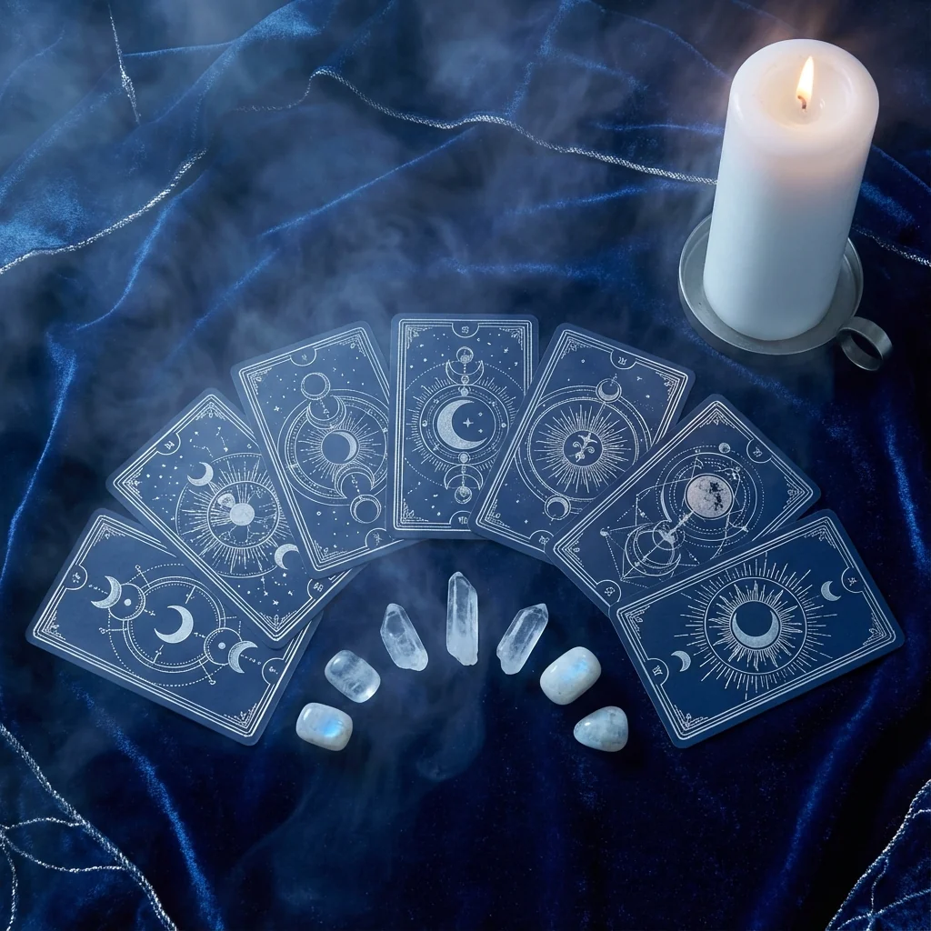 7-card horseshoe tarot spread arranged in arc formation with crystals and candle