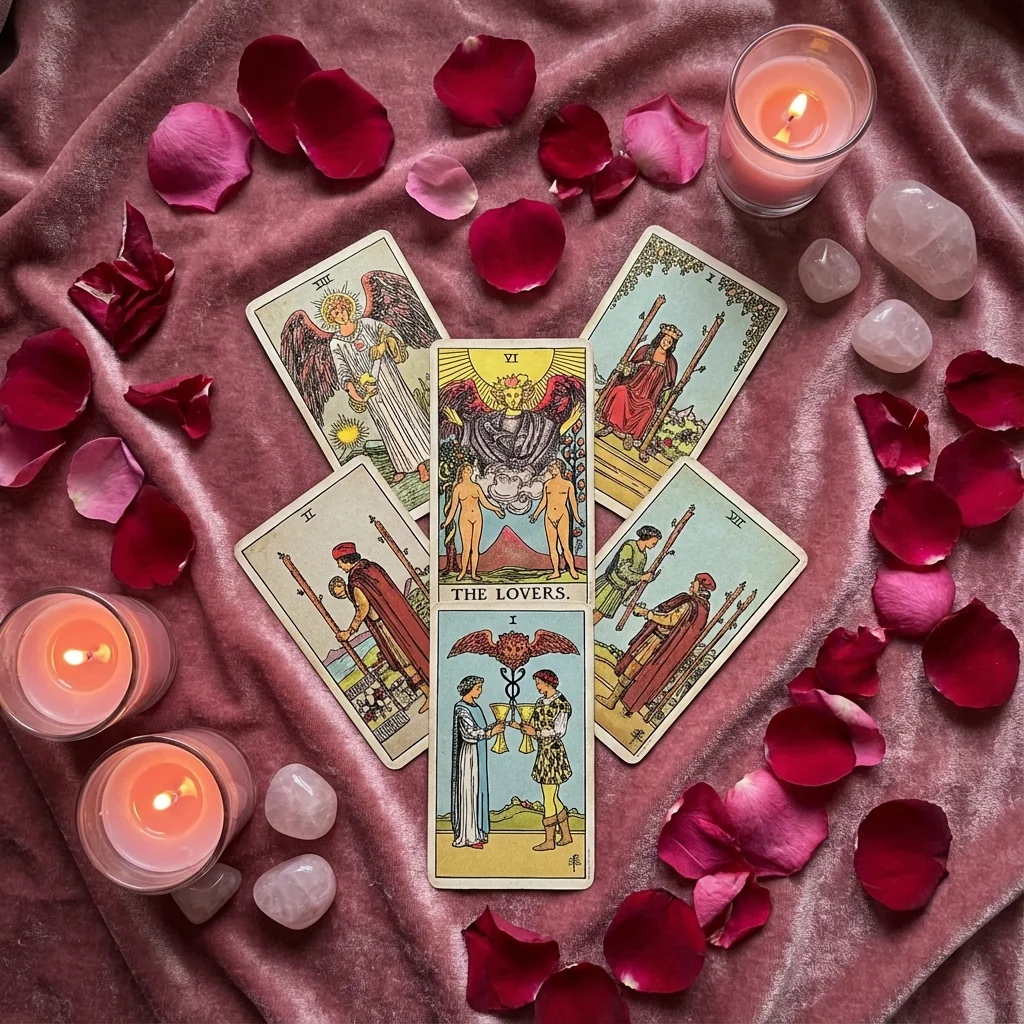 5-card love tarot spread arranged in heart pattern with rose petals and candles