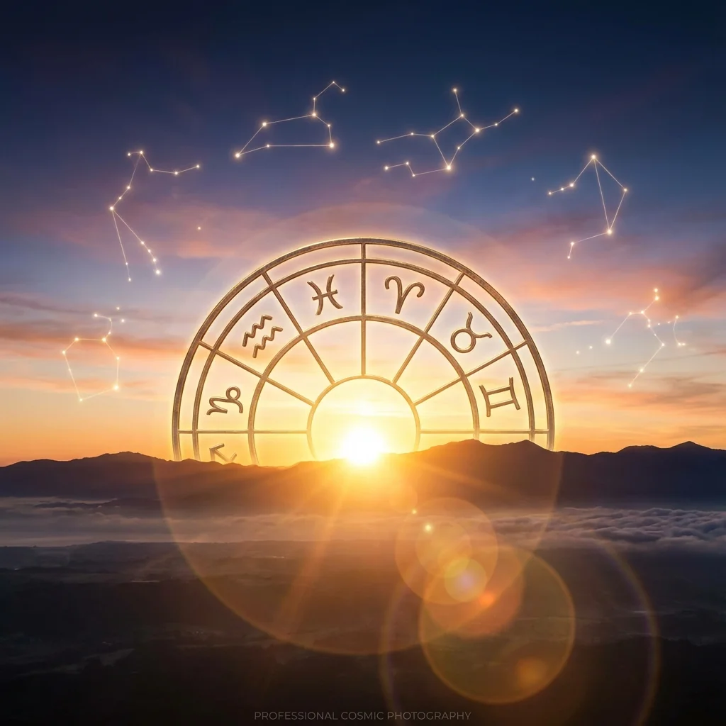 Zodiac wheel rising over the horizon at dawn with constellation symbols