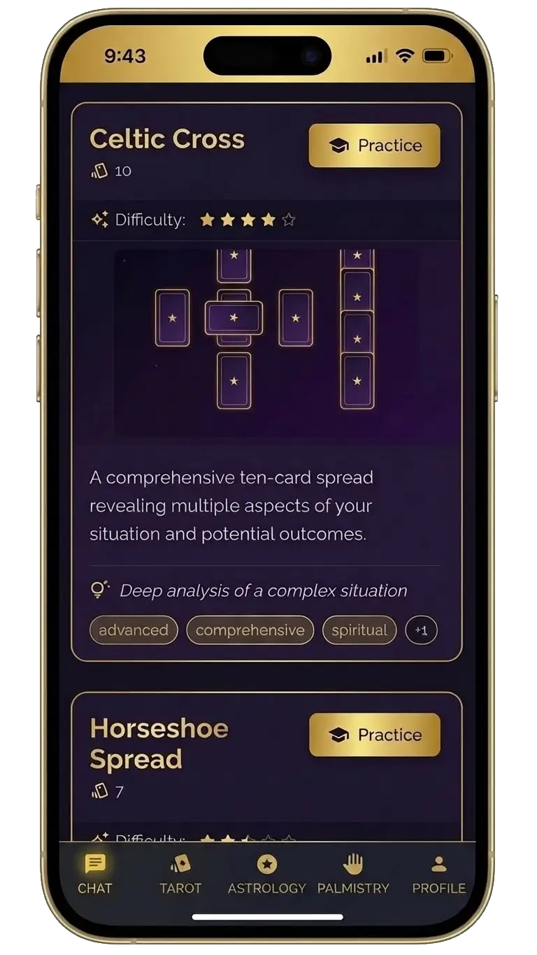 Interactive tarot card practice interface showing a three-card spread with detailed position meanings
